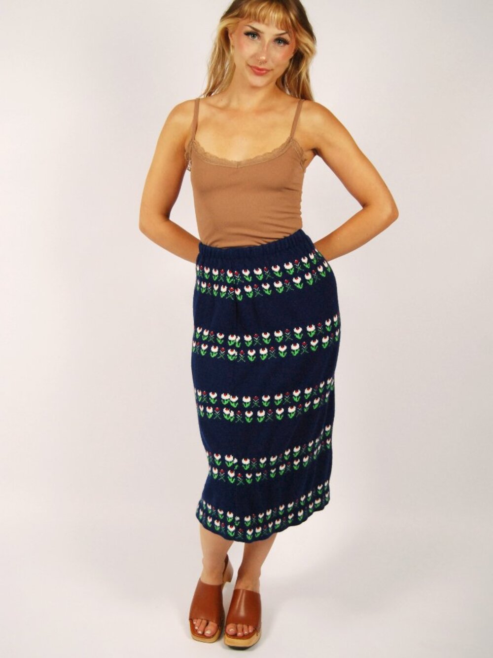 60s Wool Midi Skirt (M) medium navy blue vintage Love Bugs swedish print a-line